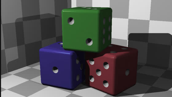 Three colorful dice with recessed pips