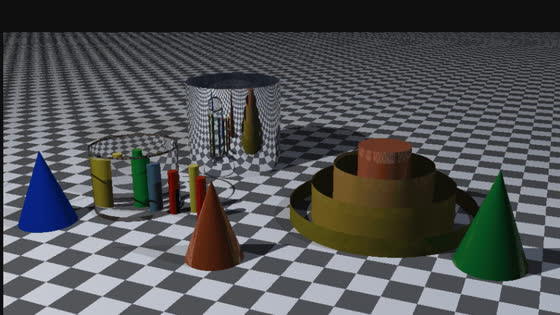 Cylinders and cones with glass, metal, and colored materials