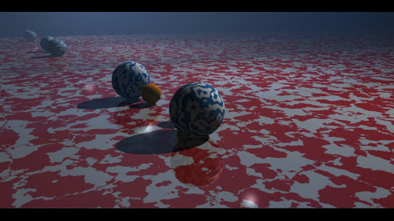 Patterned spheres on a red and white floor