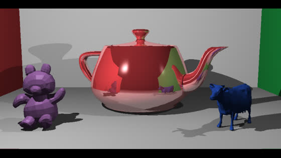 Teddy bear, teapot, and cow polygon models in a room