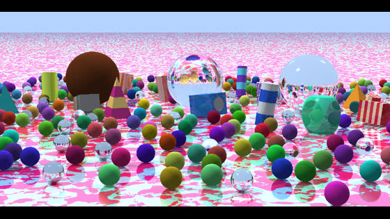 Many colorful spheres and shapes on a reflective floor