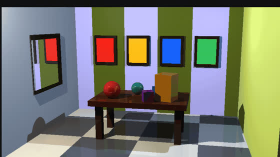 Furnished room with reflective spheres