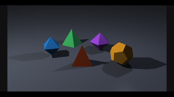 Five colorful solids assembled from triangles